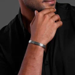 Aditya Roy Kapur Black Rhodium Textured Kada For Him