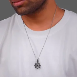Black Rhodium Time Wheel Pendant With Box Chain For Him