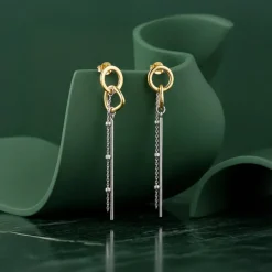 Dual Tone Linear Halo Silver Dangler Earrings