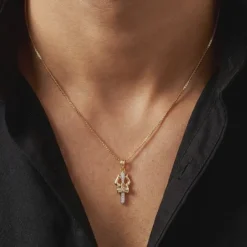 Dual Tone Mahadev Trishul Silver Pendant With Box Chain For Him