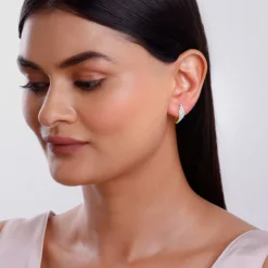 Gold Divine Feathers J Hoop Lab Grown Diamond Earrings