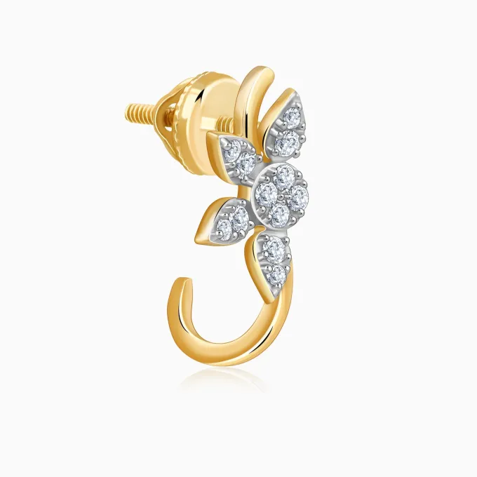Gold Leafy J Hoop Lab Grown Diamond Earrings