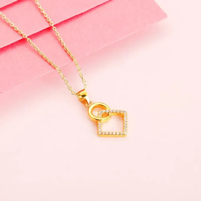 Golden Cubic Circle Pendant with Link Chain