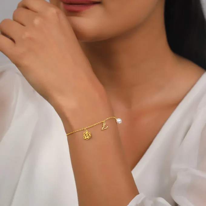 Golden Pearl Rosey Personalised Bracelet