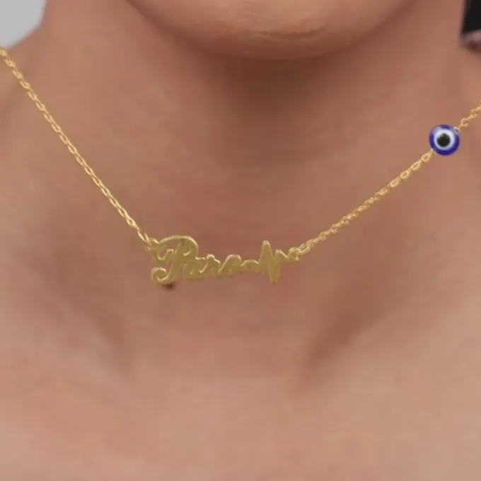 Golden Personalised Evil Eye Heartbeat Necklace