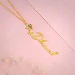 Golden Personalised Flower Name Pendant with Link Chain