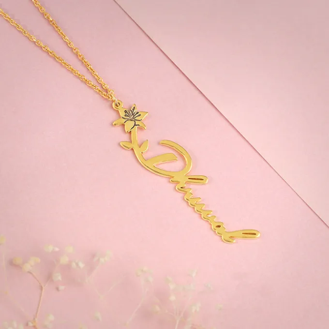 Golden Personalised Flower Name Pendant with Link Chain