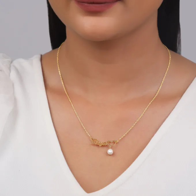 Golden Personalised Pearl Heart Necklace