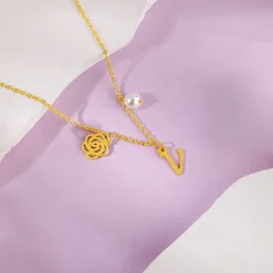 Golden Personalised Pearl Rosey Necklace