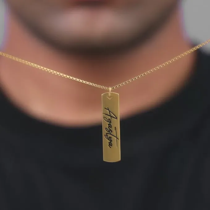 Golden Personalised Vertical Bar Name Pendant with Box Chain For Him
