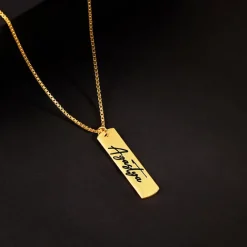 Golden Personalised Vertical Bar Name Pendant with Box Chain For Him
