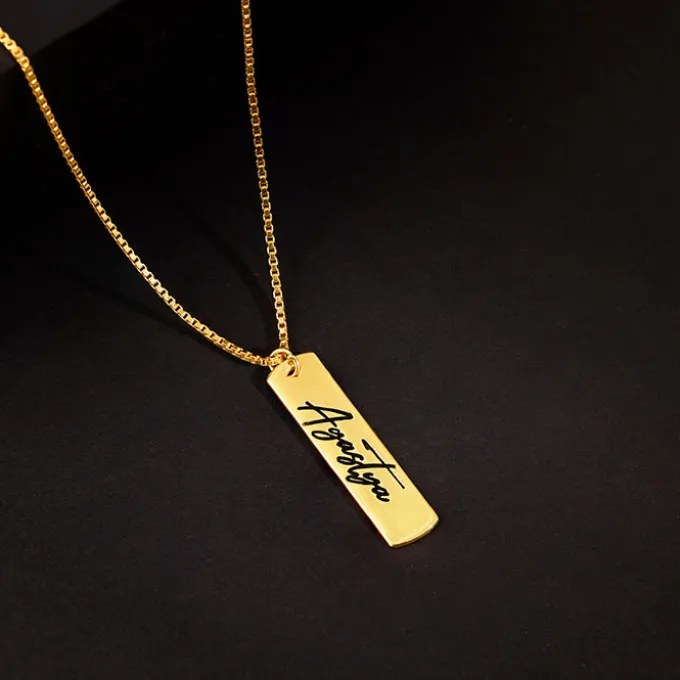 Golden Personalised Vertical Bar Name Pendant with Box Chain For Him