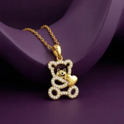 Golden Teddy Hug Pendant With Link Chain