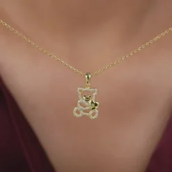 Golden Teddy Hug Pendant With Link Chain