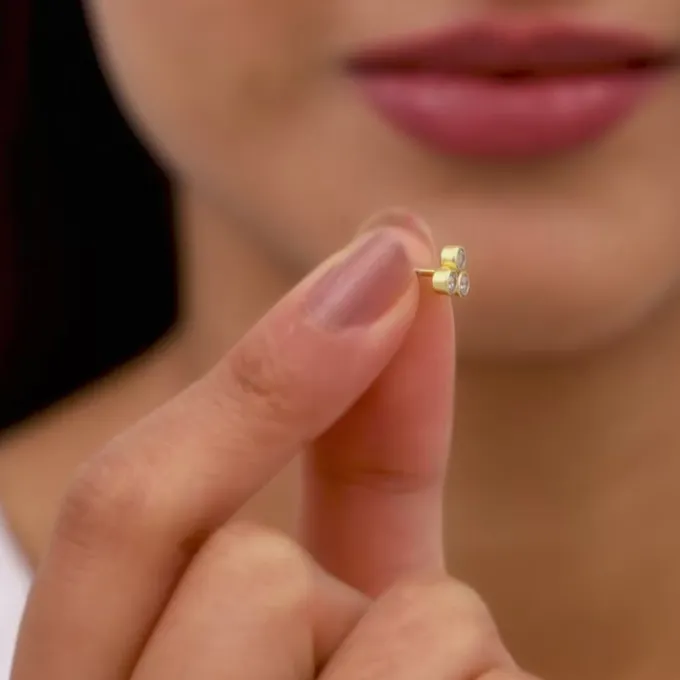 Golden Three-Stoned Stud Earrings
