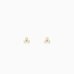 Golden Three-Stoned Stud Earrings