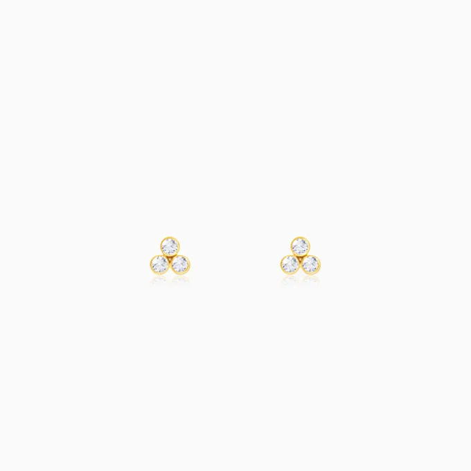 Golden Three-Stoned Stud Earrings