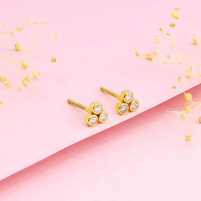 Golden Three-Stoned Stud Earrings