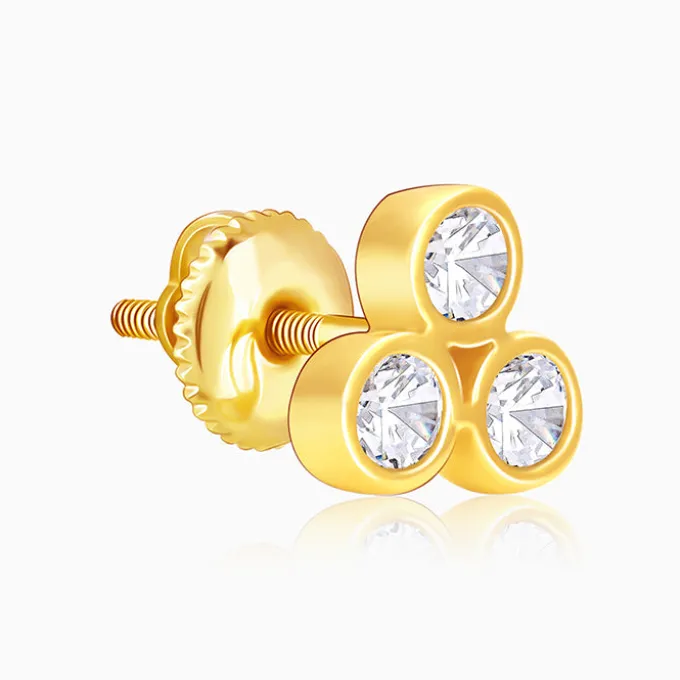 Golden Three-Stoned Stud Earrings