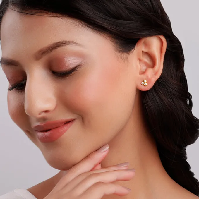 Golden Three-Stoned Stud Earrings