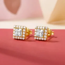 Golden Zircon Square Halo Earrings
