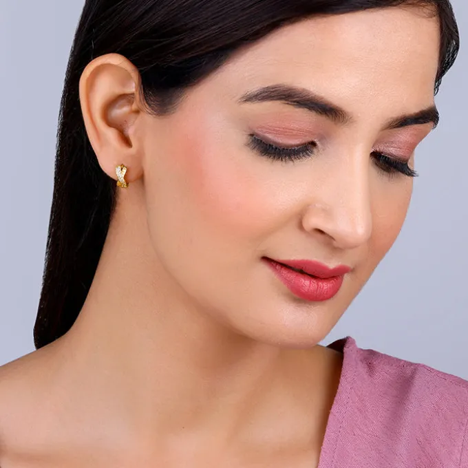 Golden Zircon Studded Twisted Huggies Earrings