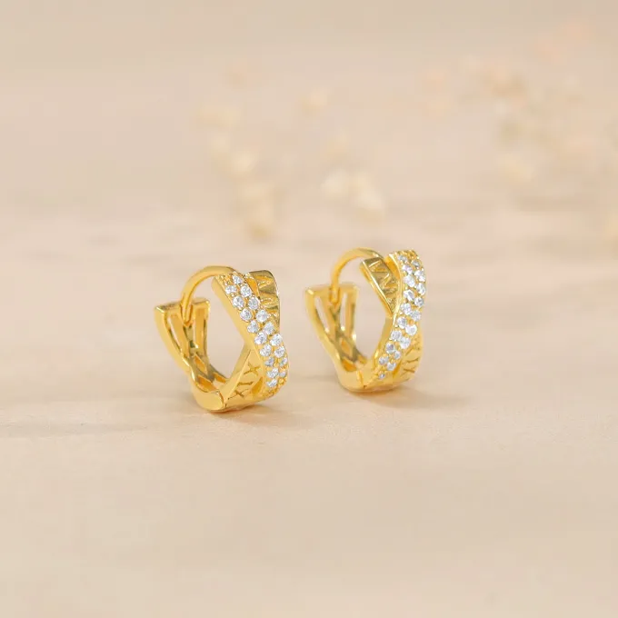 Golden Zircon Studded Twisted Huggies Earrings