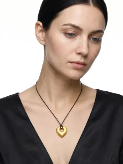 Lock Heart Gold Plated Pendant With Black Thread