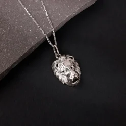Oxidised Silver Lion Pendant With Box Chain For Him
