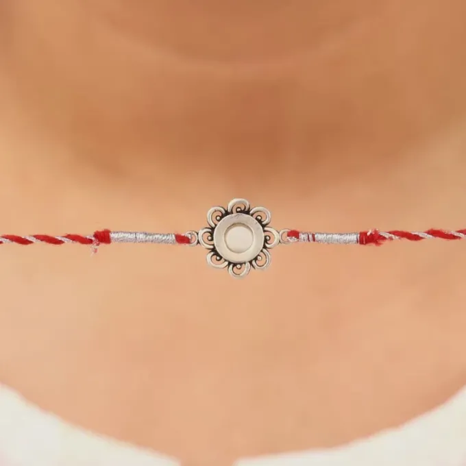 Oxidised Silver Pearl Flower Rakhi
