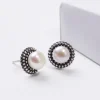 Oxidised Silver Pearl Stud Earrings
