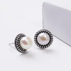 Oxidised Silver Pearl Stud Earrings