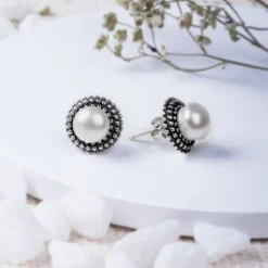Oxidised Silver Pearl Stud Earrings