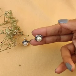 Oxidised Silver Pearl Stud Earrings
