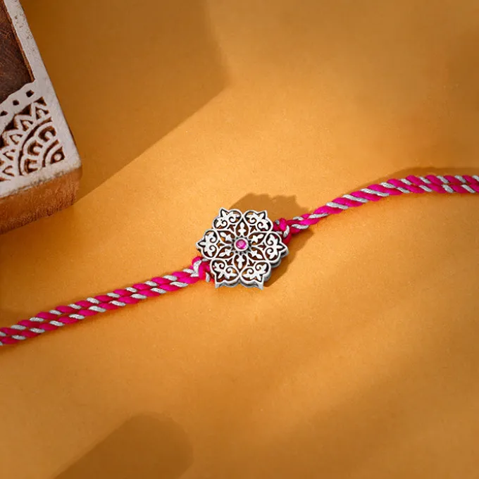 Oxidised Silver Pink Flower Rakhi