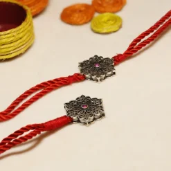 Oxidised Silver Pop Pink Flower Rakhi Set (Bhaiya Bhabhi)