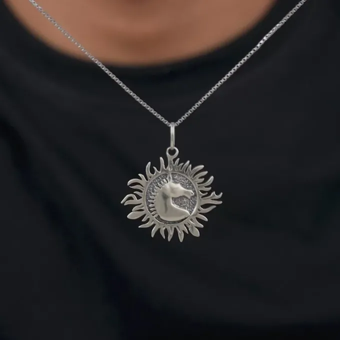 Oxidised Silver Sunborn Horse Pendant With Box Chain For Him