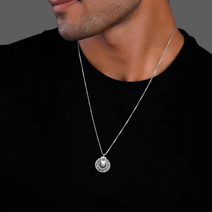 Oxidised Silver Zodiac Spin Pendant With Box Chain For Him