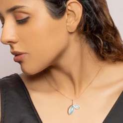 Rose Gold Aqua Dual Chalcedony Leaf Pendant