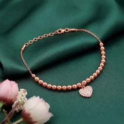 Rose Gold Beaded Heart Charm Bracelet