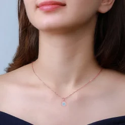 Rose Gold Blue Halo Pendant With Link Chain