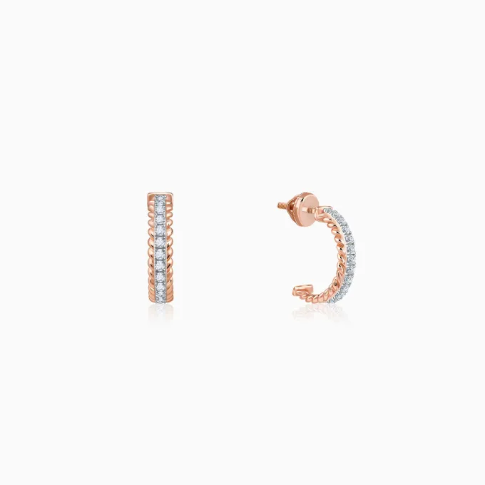 Rose Gold Braided J Hoop Lab Grown Diamond Earrings