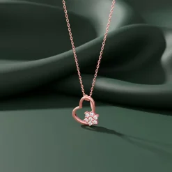 Rose Gold Floral Heart Pendant With Link Chain