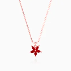 Rose Gold Floral Red Pendant with Link Chain