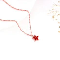 Rose Gold Floral Red Pendant with Link Chain