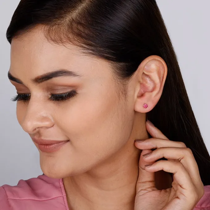 Rose Gold Magenta Flower Stud Kids Earrings