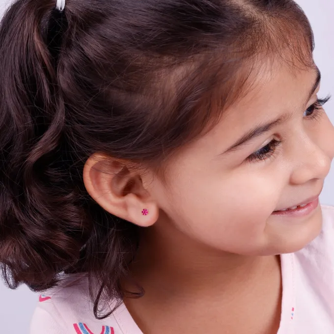 Rose Gold Magenta Flower Stud Kids Earrings