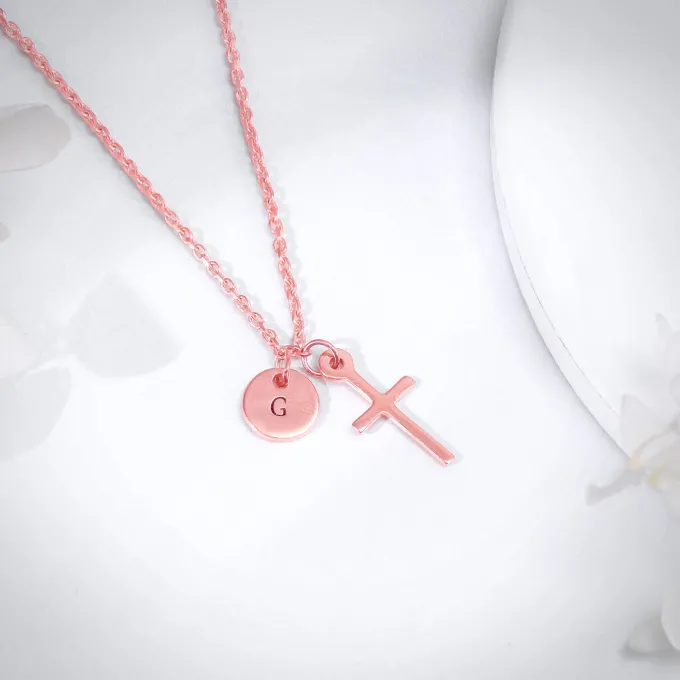 Rose Gold Personalised Halo Cross Pendant With Link Chain