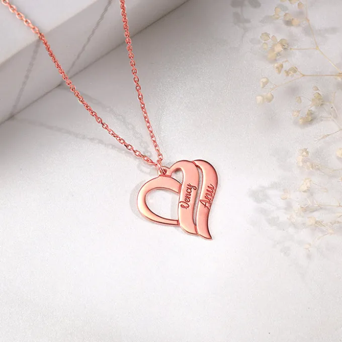 Rose Gold Personalised Name Heart Duo Pendant With Link Chain