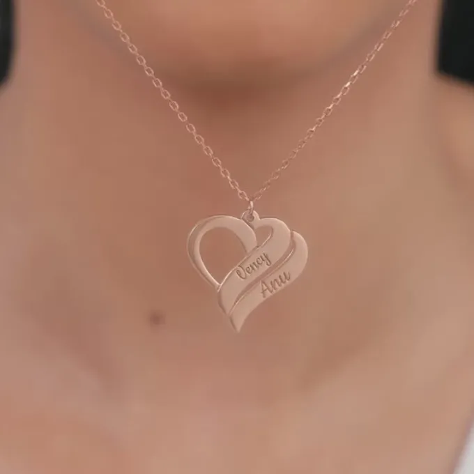Rose Gold Personalised Name Heart Duo Pendant With Link Chain